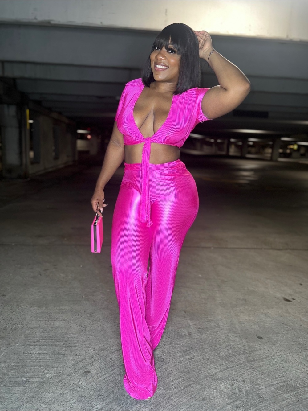 Hot Pink Tie-Front Wide-Leg Jumpsuit